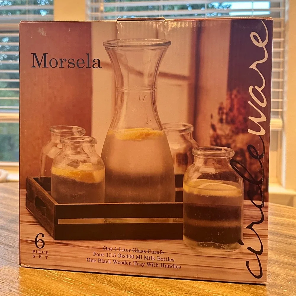 Morsela Glass Carafe Milk Bottles Tray Set 6 Piece Drinkware Beverage Serving‎